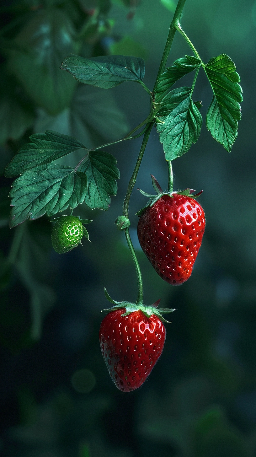 Two strawberries hanging vertically downwards on a horizontal strawberry branch, three tender green leaves, ultra-high-definition vision, realism, dark green background blur --ar 9:16